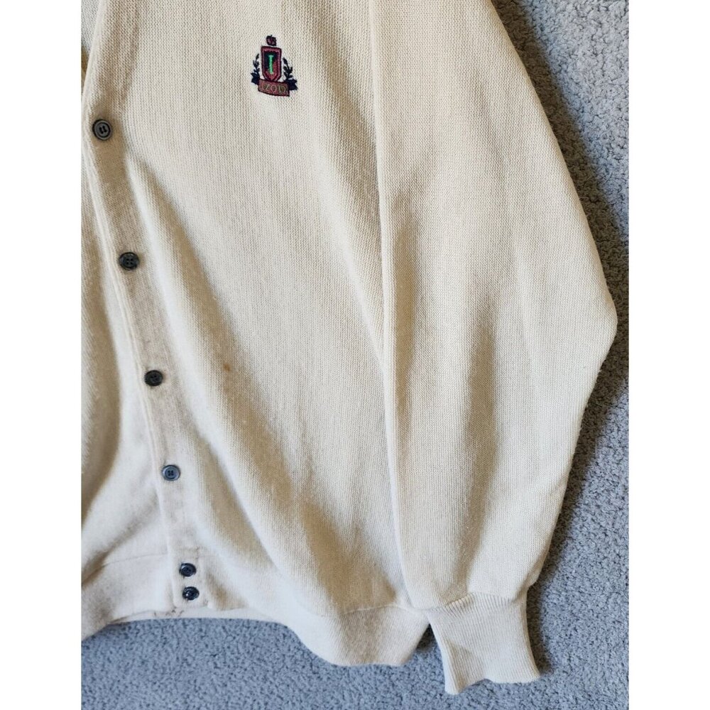VTG Izod Cream Crest Logo Button Front Cardigan Sweater Size XL USA Made Acrylic - Picture 5 of 16